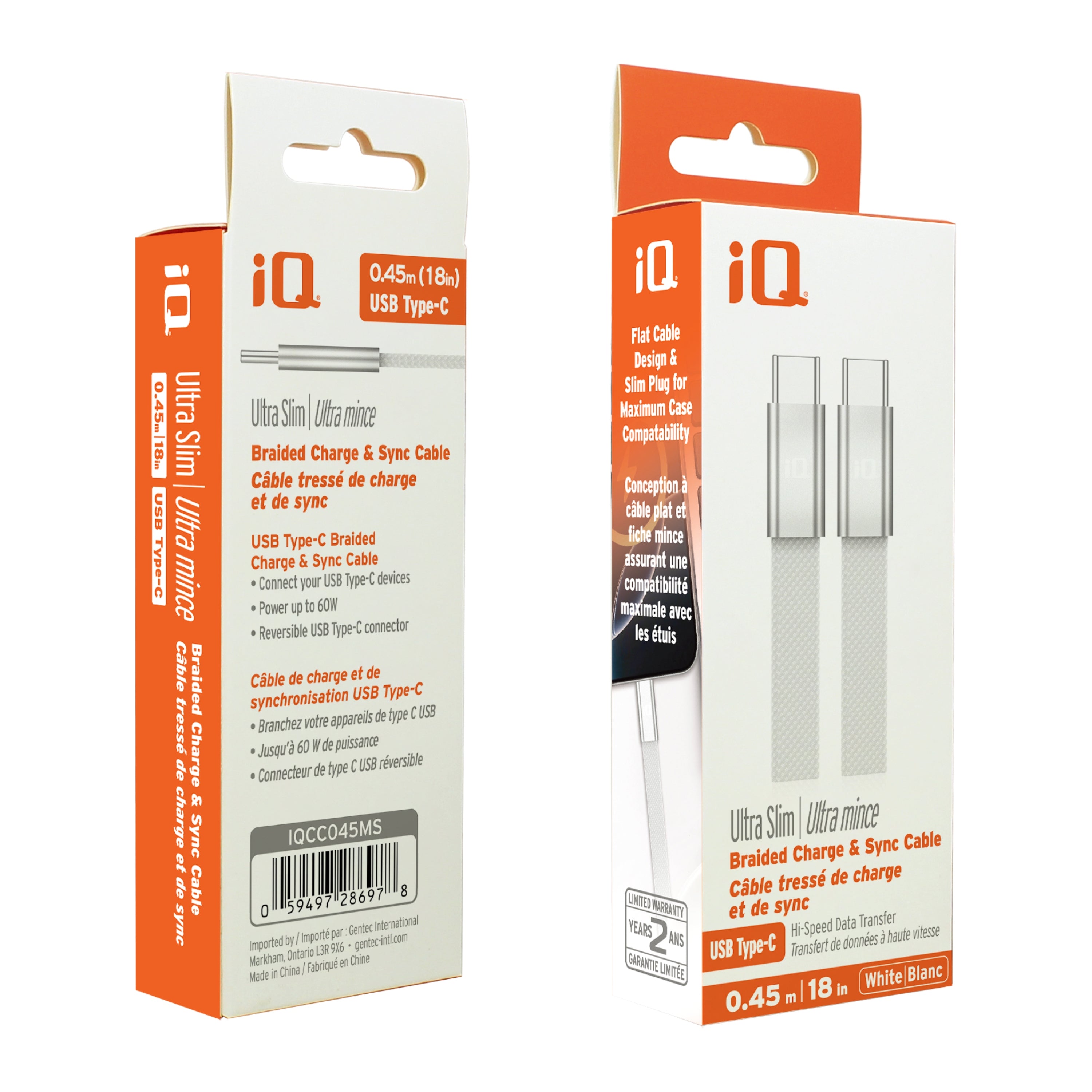 iQ Ultra Slim USB Type-C to Type-C Cable - Braided - White