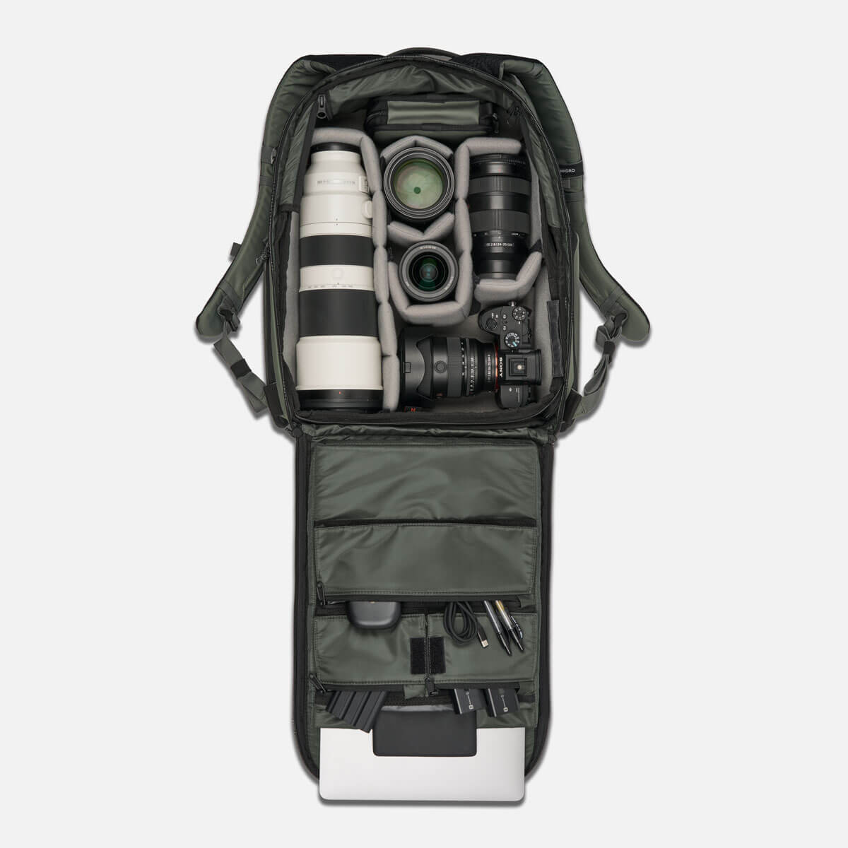 PRVKE POCKET 31L in Wasatch Green, Pro Camera Cube Interior Packed Out