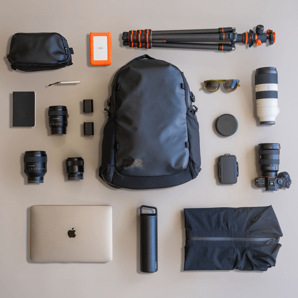 Black Stratus Photo 18L Backpack Packing Flatlay