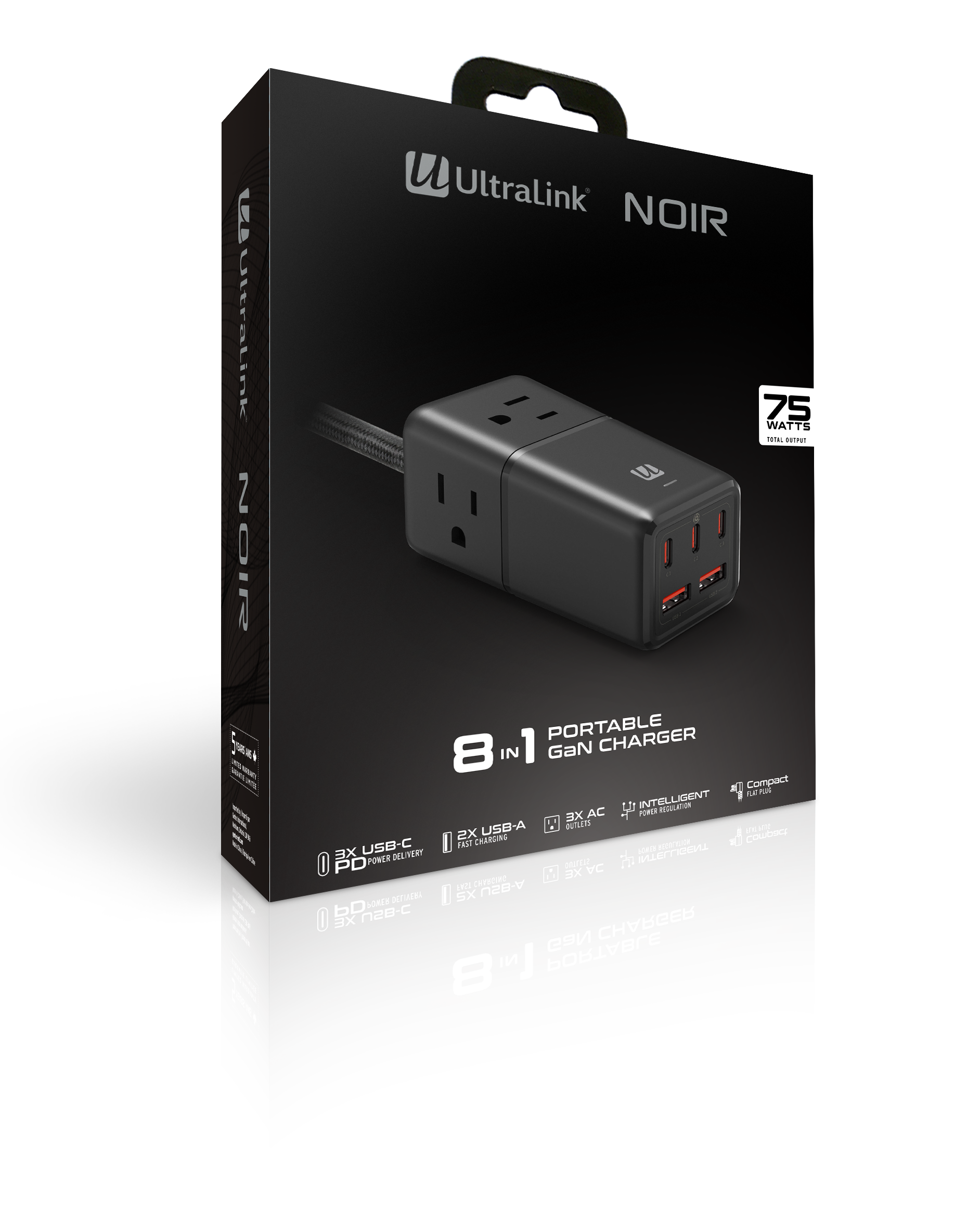 Chargeur portable 8 en 1 Ultralink Noir avec technologie GaN (puissance de sortie maximale de 75 W)