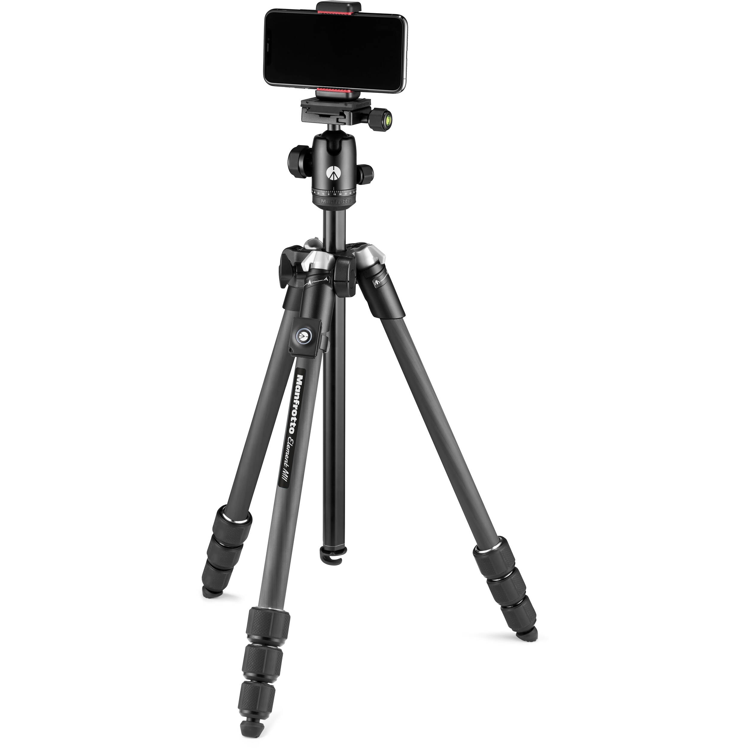 Kit Manfrotto Element MII CF avec pince pour téléphone et Bluetooth