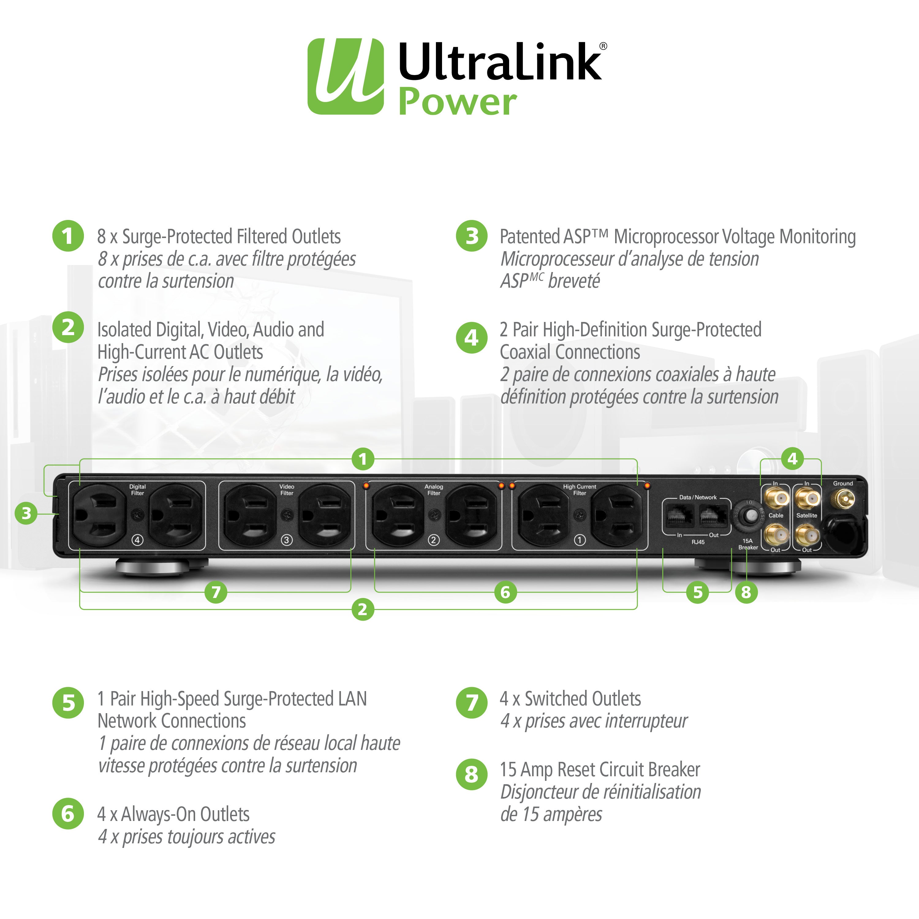 UltraLink Power : Conditionneur d'alimentation haute définition - 8 prises