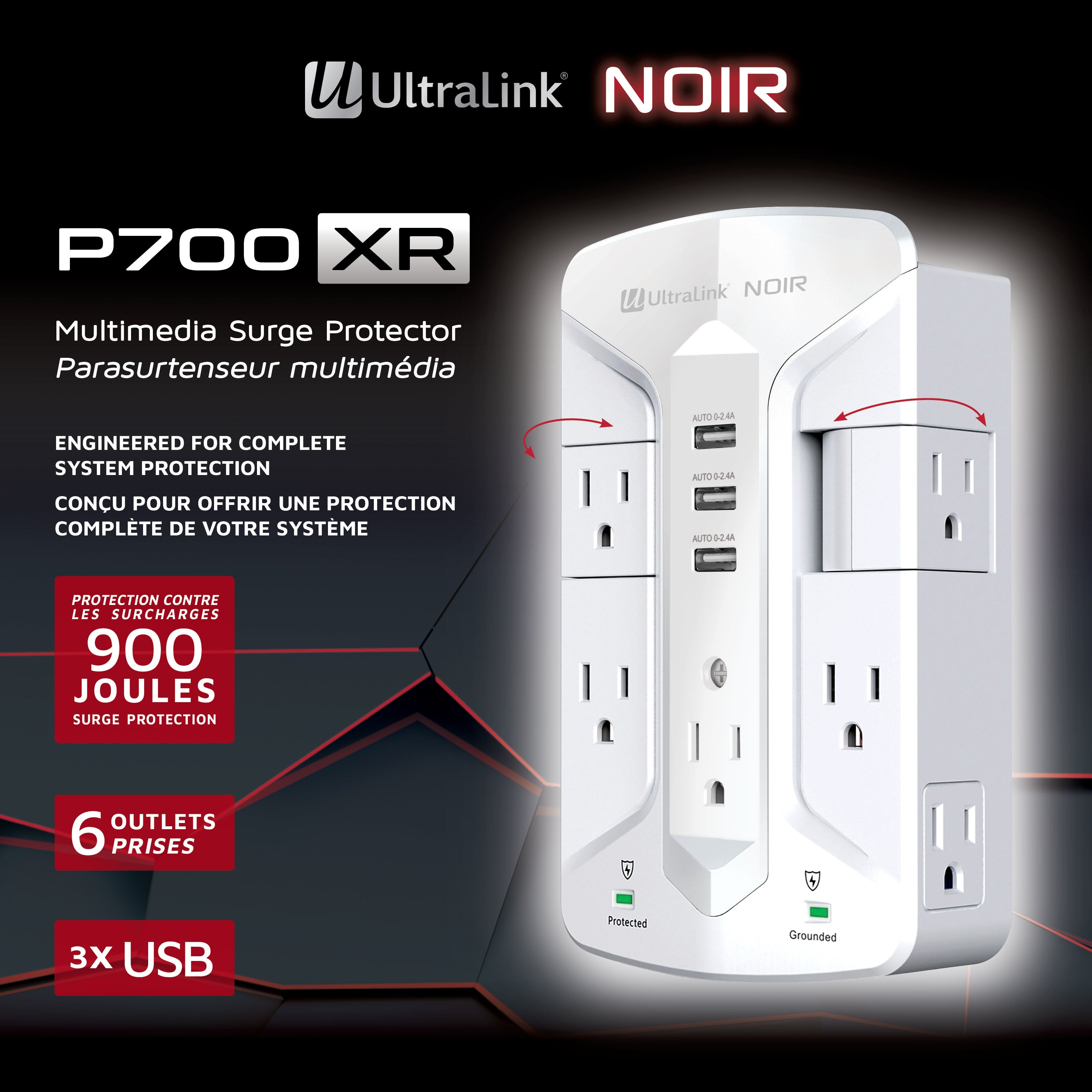 UltraLink Noir: Multimedia Surge Protector - 7 Outlets - 3 USB - White