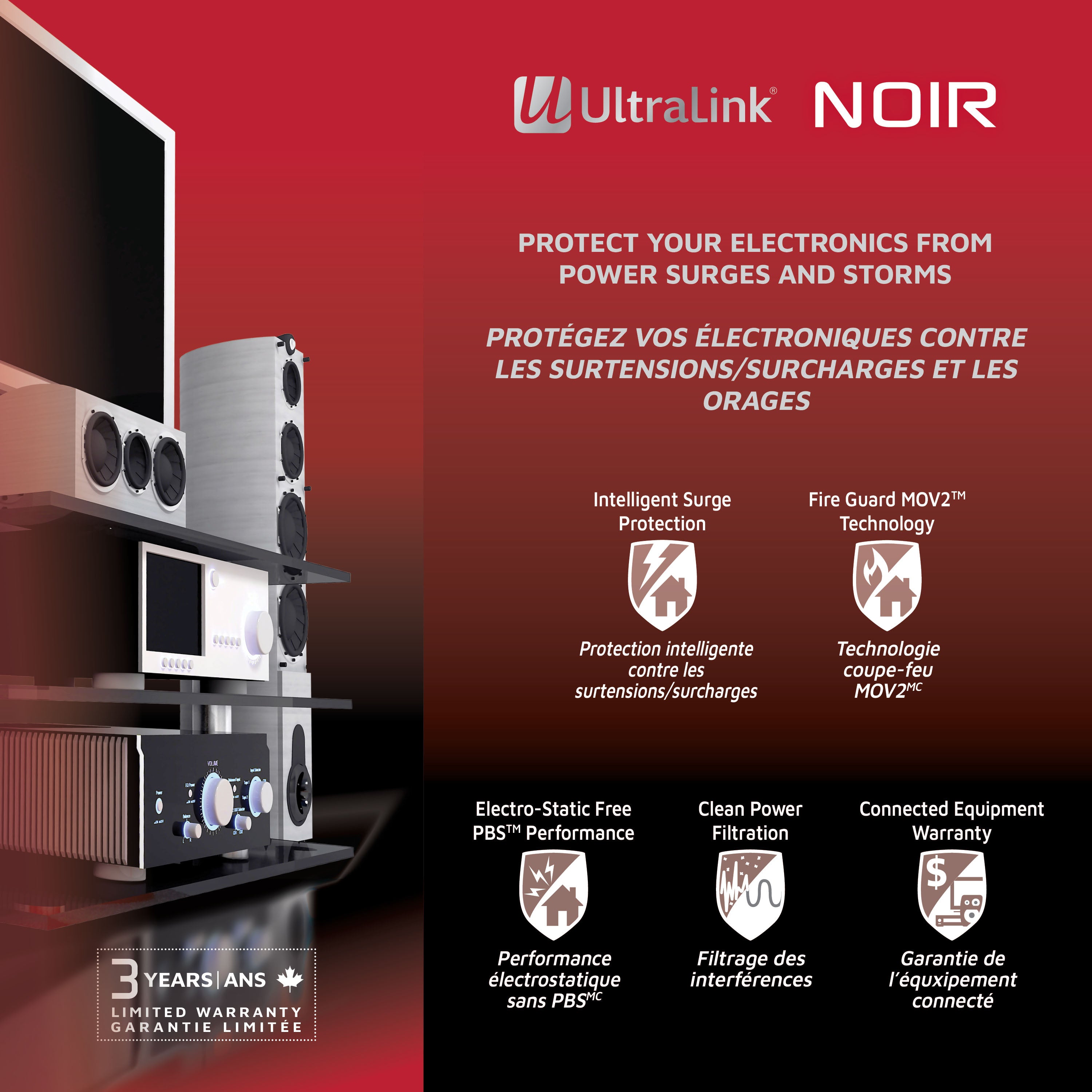 UltraLink Noir: Multimedia Surge Protector - 7 Outlets - 3 USB - White