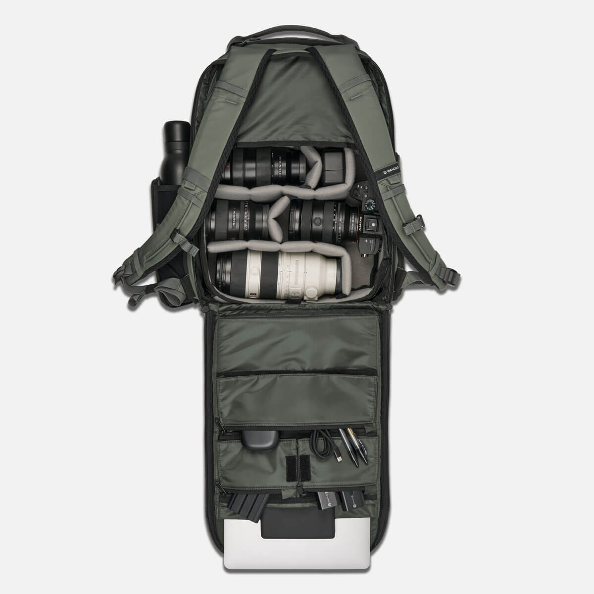 PRVKE POCKET 31L in Wasatch Green, Essential Camera Cube Interior Packed Out
