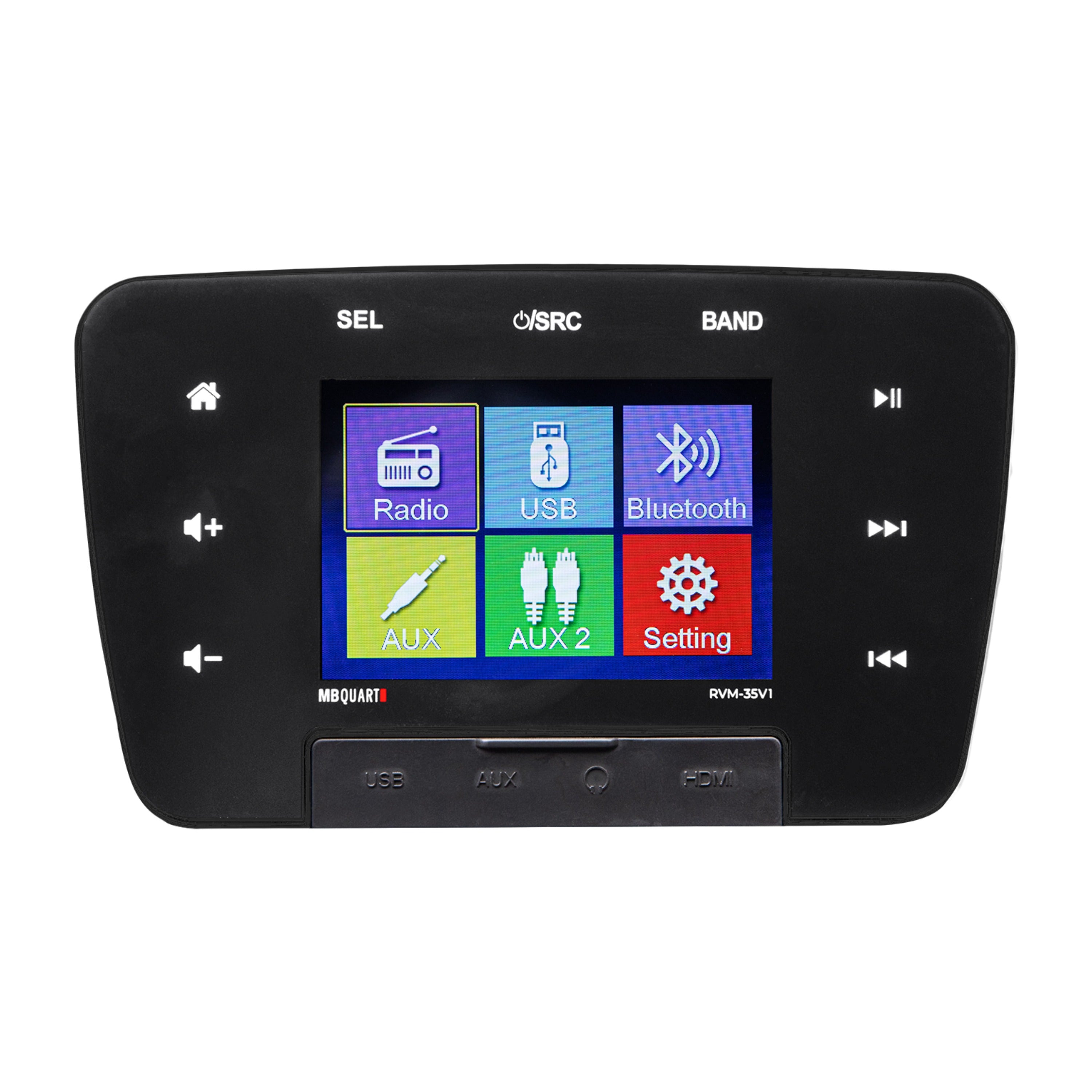 MB Quart RVM-35V1 3.5" Touchscreen RV Source Unit with AM/FM, Bluetooth, and Multi-Zone Audio Control.