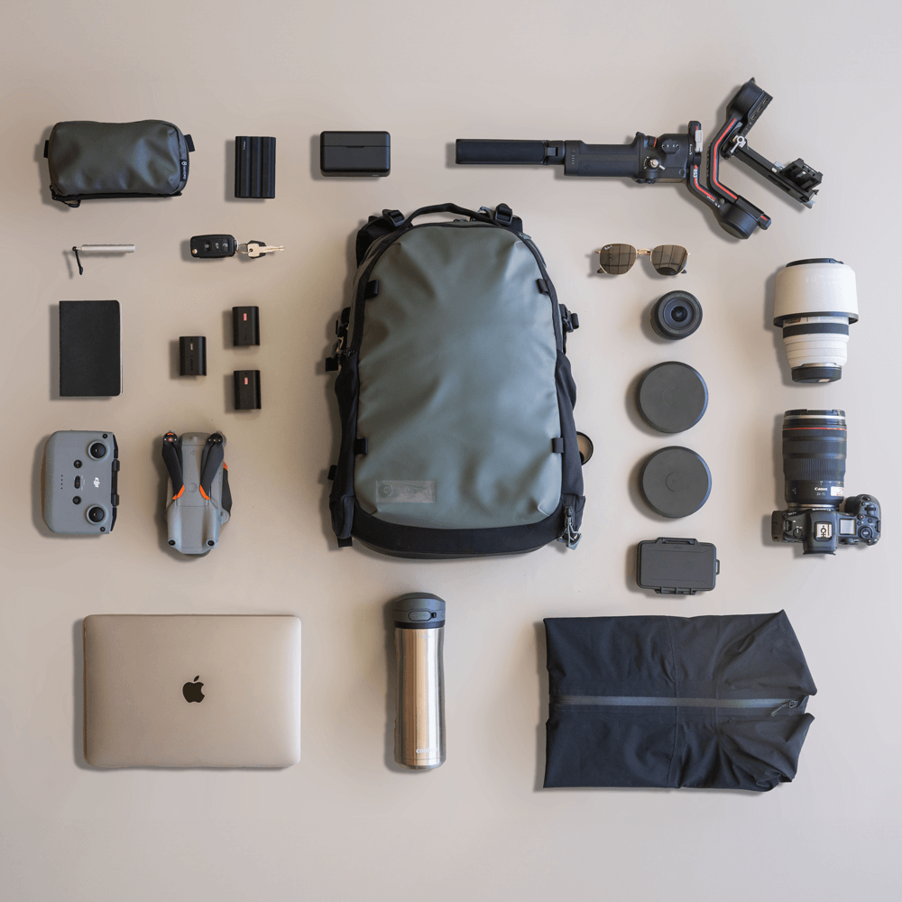 Green Stratus Photo 18L Backpack Packing Flatlay