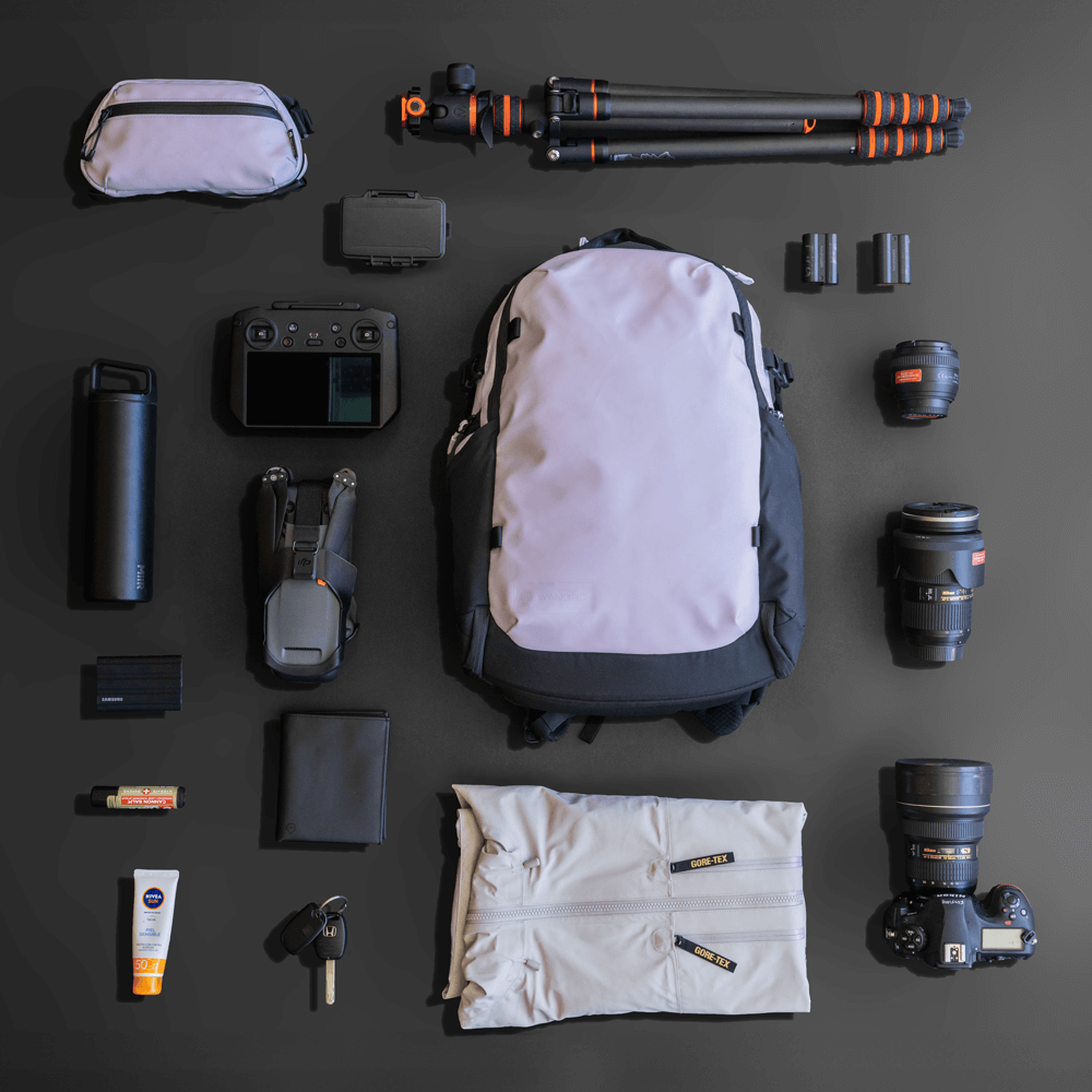 Purple Stratus Photo 18L Backpack Packing Flatlay