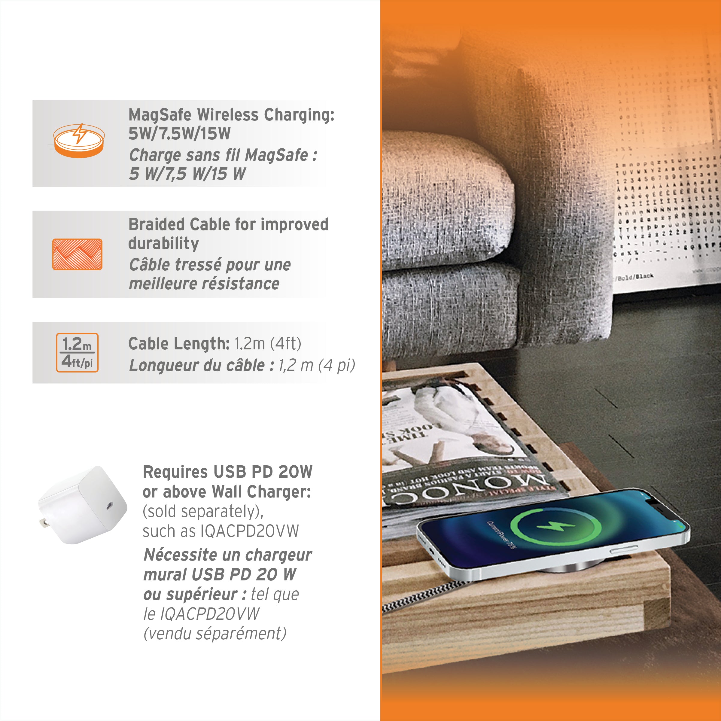 iQ Magsafe Wireless Charger - Silver - 1.2m/4ft